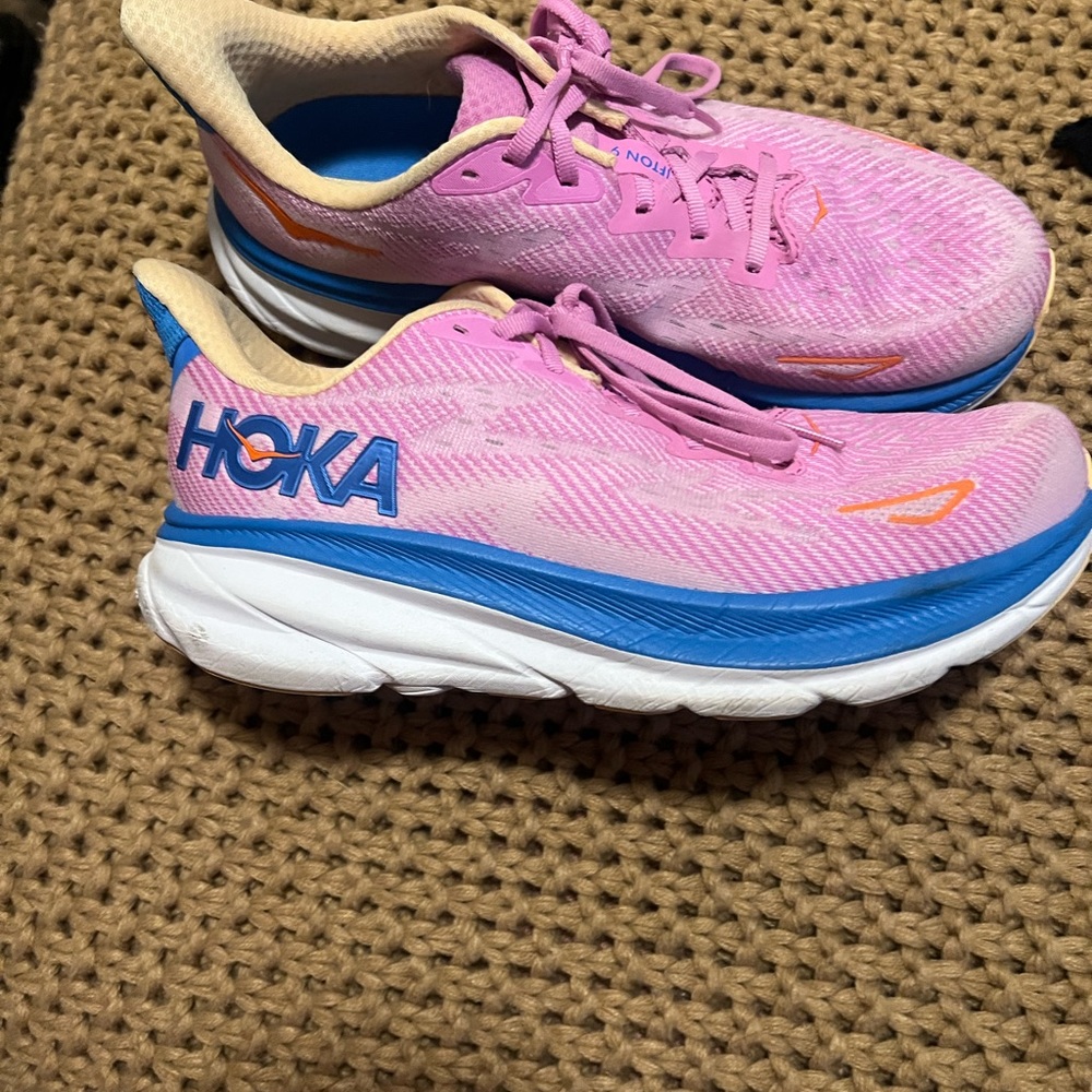 HOKA Clifton 9 Pink and Blue Running Shoes